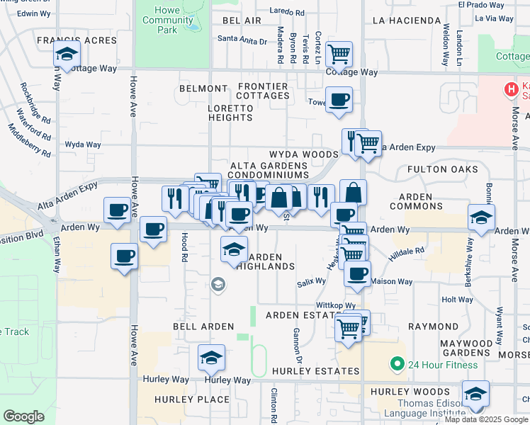 map of restaurants, bars, coffee shops, grocery stores, and more near 2387 Arden Way in Sacramento