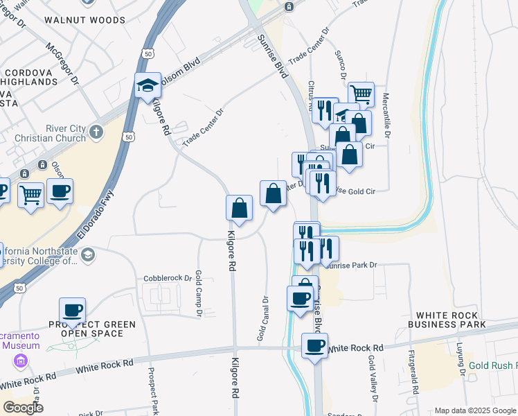 map of restaurants, bars, coffee shops, grocery stores, and more near 11171 Sun Center Drive in Rancho Cordova