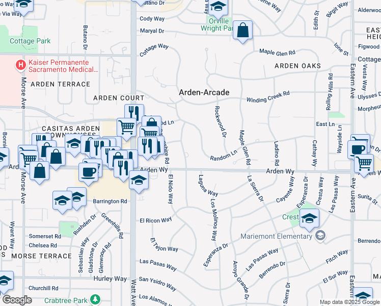 map of restaurants, bars, coffee shops, grocery stores, and more near 1720 La Playa Way in Sacramento