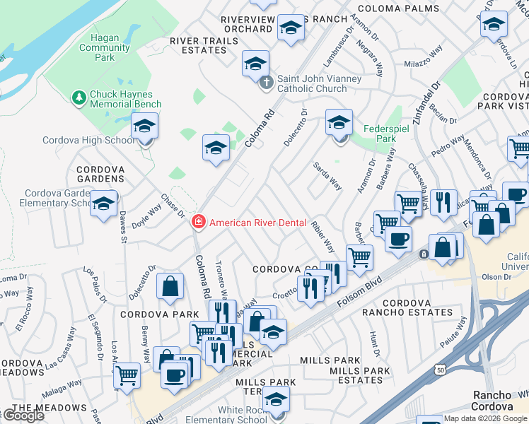 map of restaurants, bars, coffee shops, grocery stores, and more near 2530 Augibi Way in Rancho Cordova