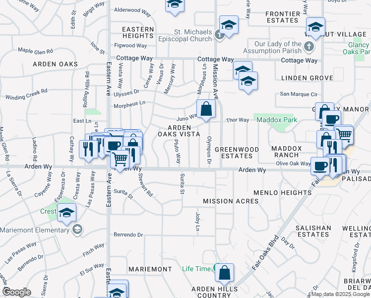 map of restaurants, bars, coffee shops, grocery stores, and more near 1716 Daphne Avenue in Sacramento