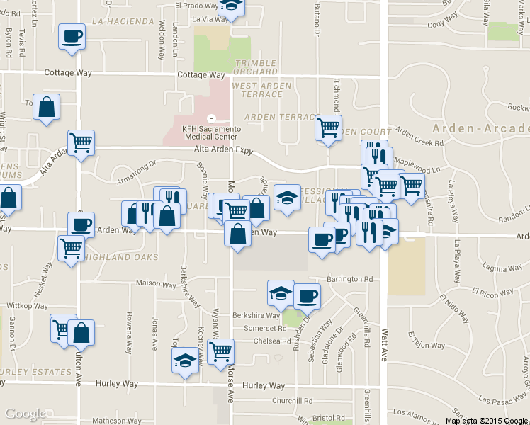 map of restaurants, bars, coffee shops, grocery stores, and more near 3137 Arden Way in Sacramento
