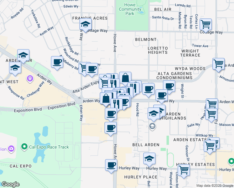 map of restaurants, bars, coffee shops, grocery stores, and more near 2201 Arden Way in Sacramento