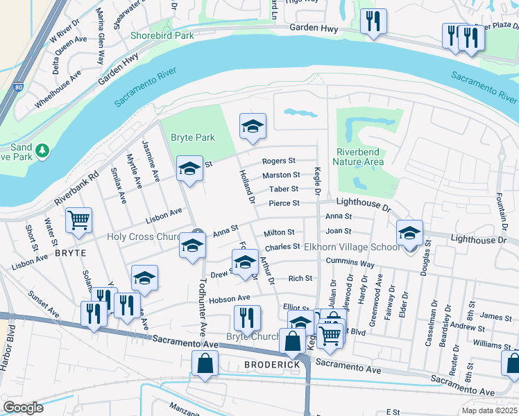 map of restaurants, bars, coffee shops, grocery stores, and more near 1116 Anna Street in West Sacramento