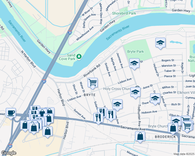 map of restaurants, bars, coffee shops, grocery stores, and more near 608 Yolo Street in West Sacramento