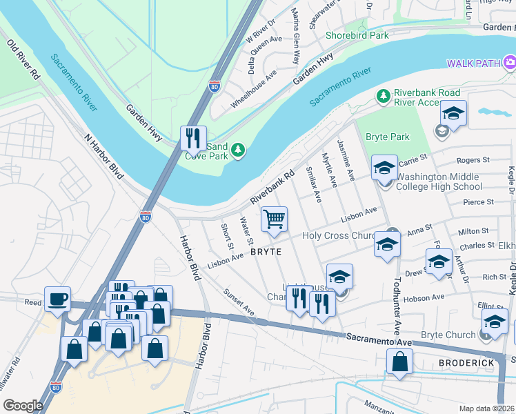 map of restaurants, bars, coffee shops, grocery stores, and more near 532 Solano Street in West Sacramento
