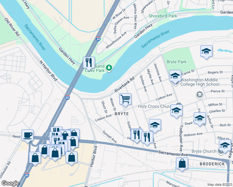 map of restaurants, bars, coffee shops, grocery stores, and more near 532 Solano Street in West Sacramento