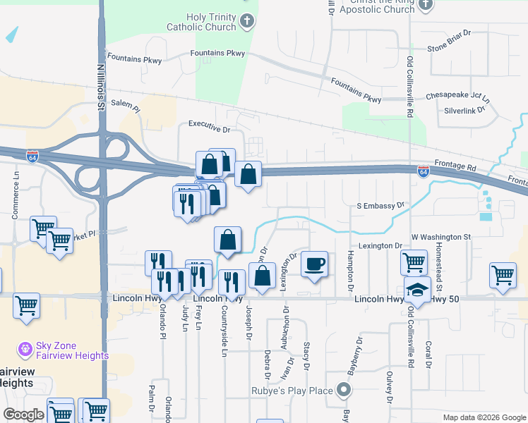 map of restaurants, bars, coffee shops, grocery stores, and more near 37 Mount Vernon Drive in Fairview Heights