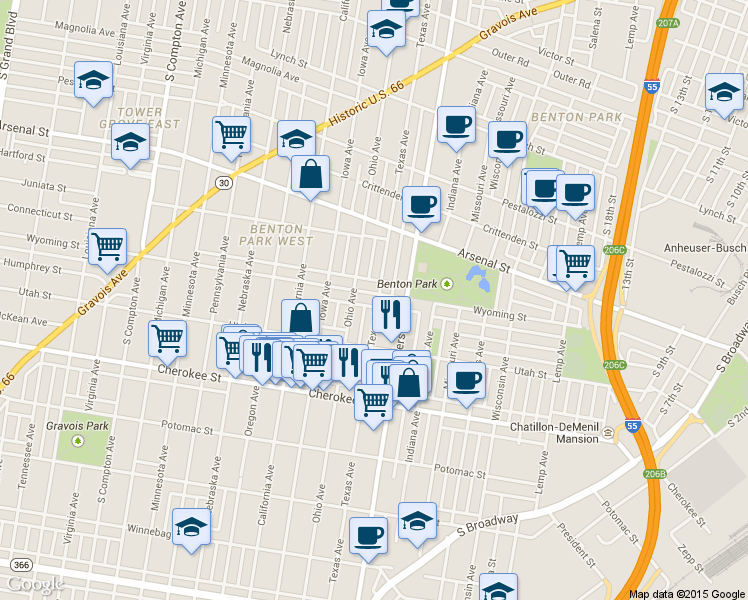 map of restaurants, bars, coffee shops, grocery stores, and more near 2638 Wyoming Street in St. Louis