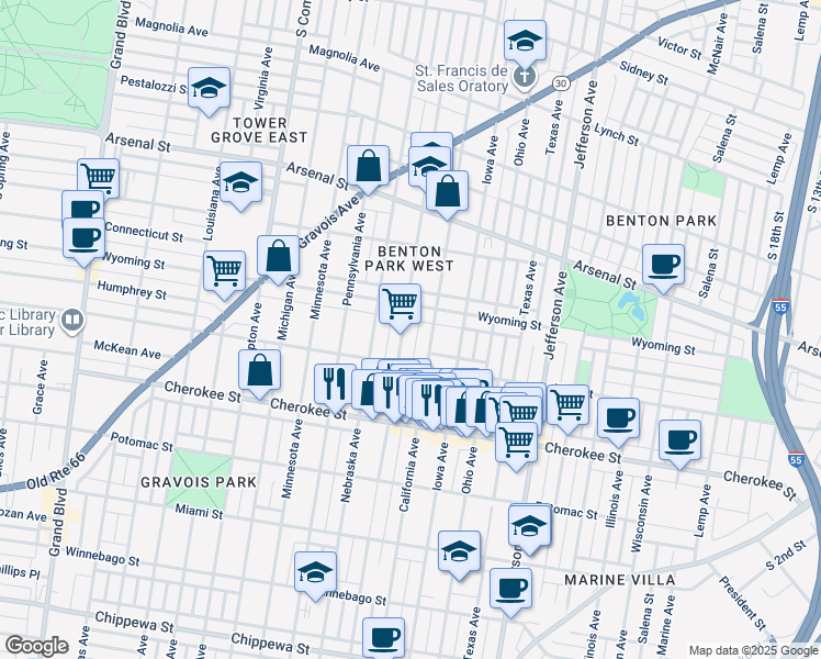 map of restaurants, bars, coffee shops, grocery stores, and more near 3237 Oregon Avenue in St. Louis