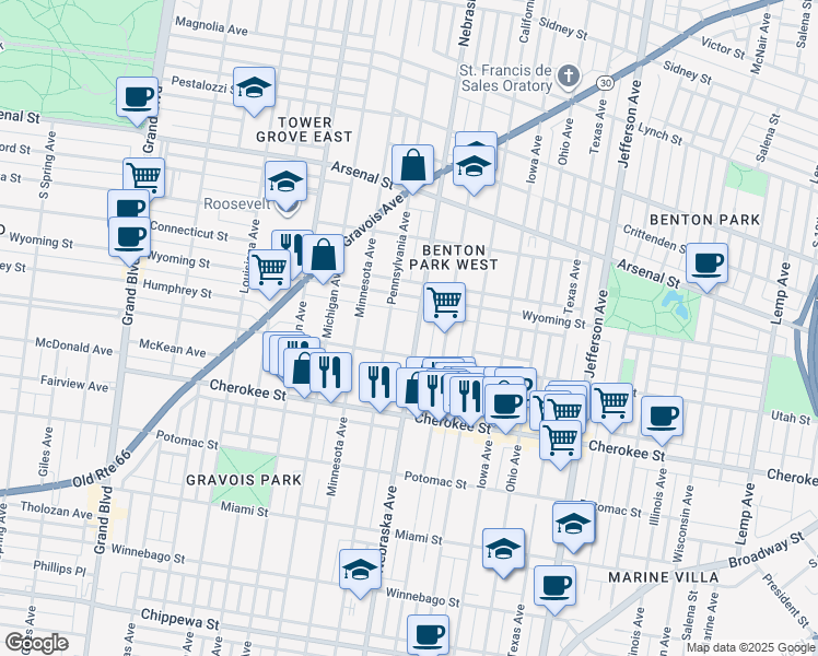 map of restaurants, bars, coffee shops, grocery stores, and more near 3242 Pennsylvania Avenue in St. Louis
