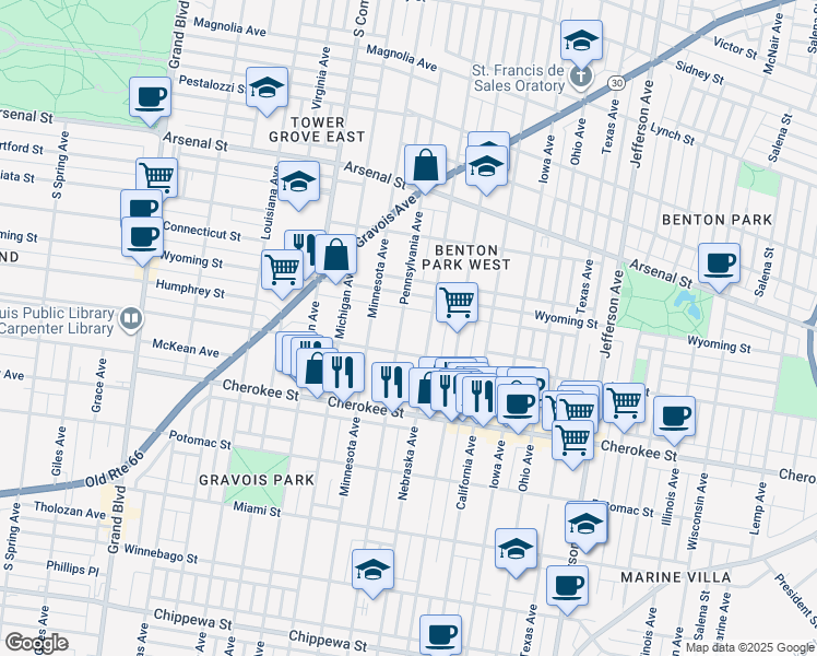 map of restaurants, bars, coffee shops, grocery stores, and more near 3242 Pennsylvania Avenue in St. Louis