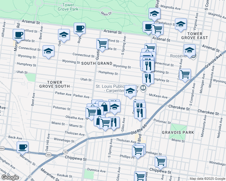 map of restaurants, bars, coffee shops, grocery stores, and more near 3800 McDonald Avenue in St. Louis