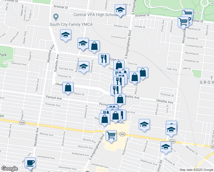 map of restaurants, bars, coffee shops, grocery stores, and more near 4941 Oleatha Avenue in St. Louis