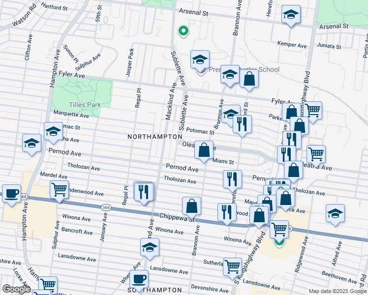 map of restaurants, bars, coffee shops, grocery stores, and more near 5301 Miami Street in St. Louis