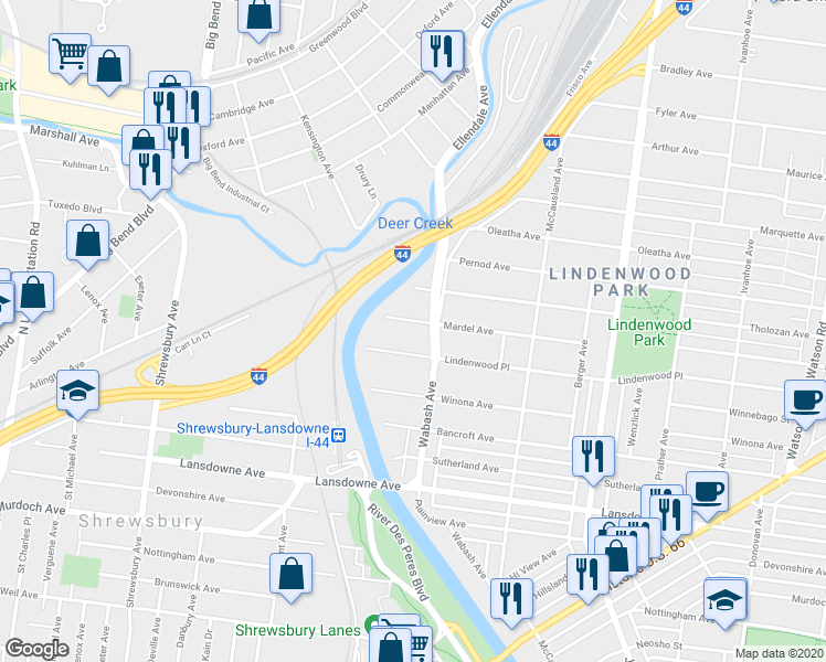 map of restaurants, bars, coffee shops, grocery stores, and more near 7117 Lindenwood Place in St. Louis