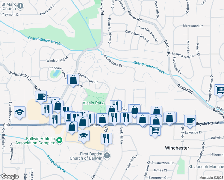 map of restaurants, bars, coffee shops, grocery stores, and more near 132 Timka Drive in Ballwin