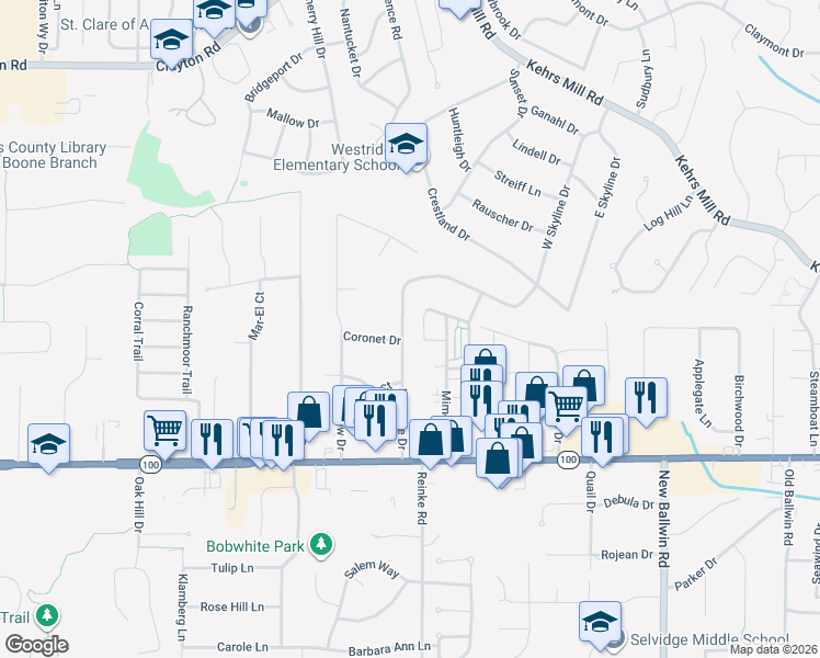 map of restaurants, bars, coffee shops, grocery stores, and more near 149 Cumberland Park Lane in Ballwin