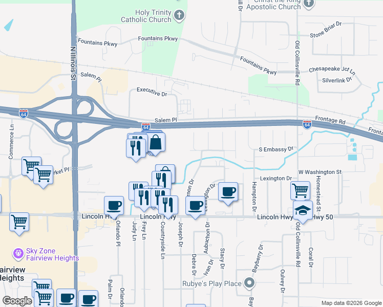 map of restaurants, bars, coffee shops, grocery stores, and more near 37 Mount Vernon Drive in Fairview Heights