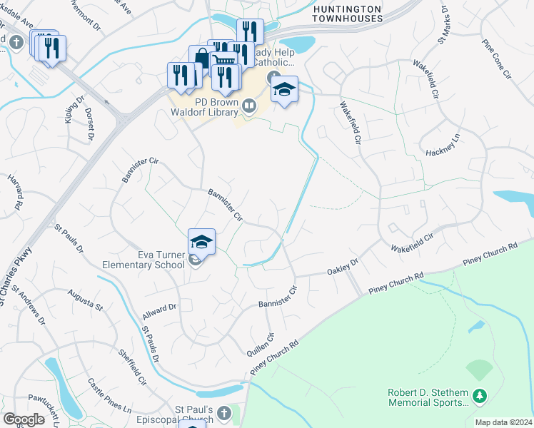 map of restaurants, bars, coffee shops, grocery stores, and more near 3207 Manning Court in Waldorf