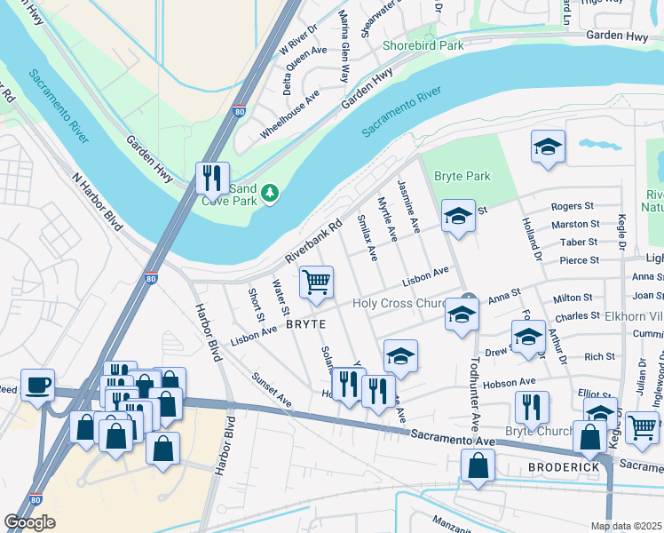 map of restaurants, bars, coffee shops, grocery stores, and more near 608 Yolo Street in West Sacramento