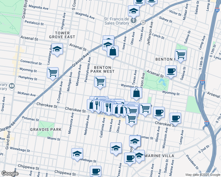 map of restaurants, bars, coffee shops, grocery stores, and more near 3218 California Avenue in St. Louis