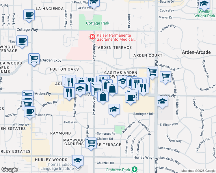 map of restaurants, bars, coffee shops, grocery stores, and more near 3137 Arden Way in Sacramento