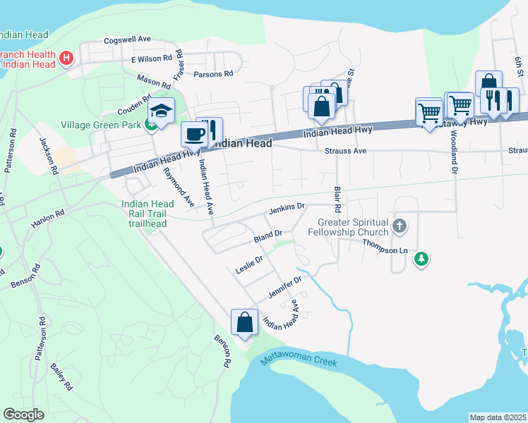 map of restaurants, bars, coffee shops, grocery stores, and more near 7 Jenkins Drive in Indian Head