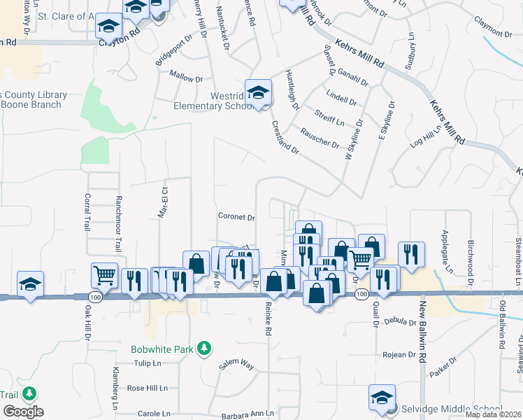 map of restaurants, bars, coffee shops, grocery stores, and more near 149 Cumberland Park Lane in Ballwin