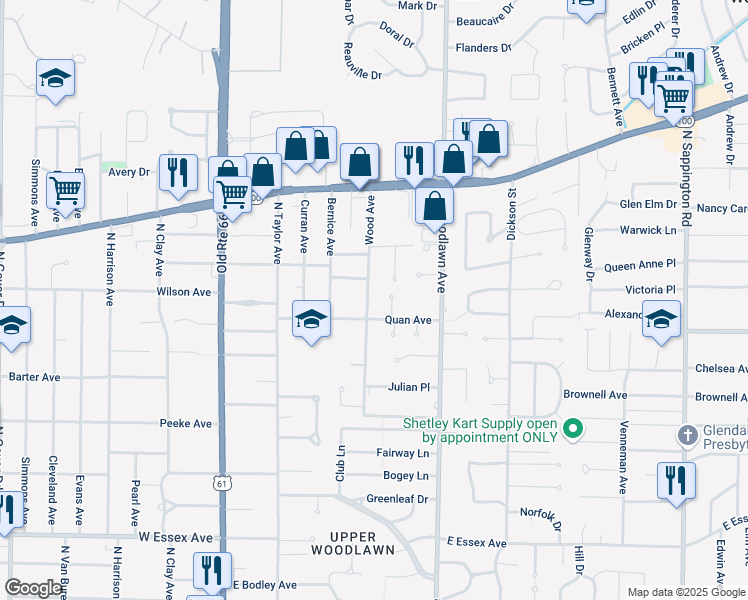 map of restaurants, bars, coffee shops, grocery stores, and more near 321 Quan Avenue in Kirkwood