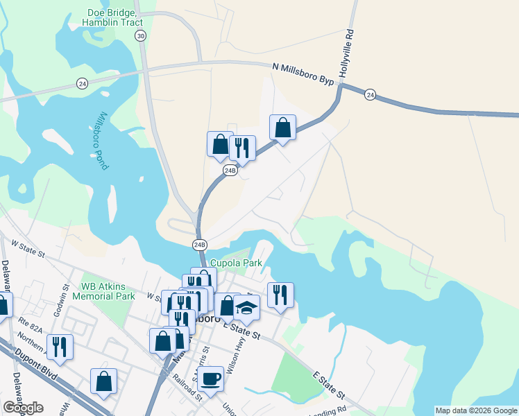 map of restaurants, bars, coffee shops, grocery stores, and more near 26508 Jersey Road in Millsboro