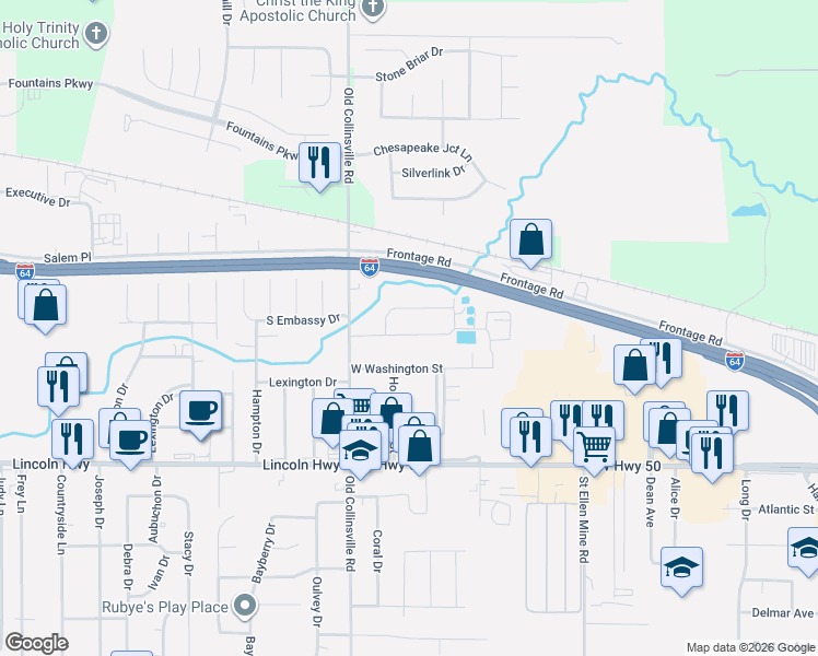 map of restaurants, bars, coffee shops, grocery stores, and more near 1815 Crestview Drive in O'Fallon