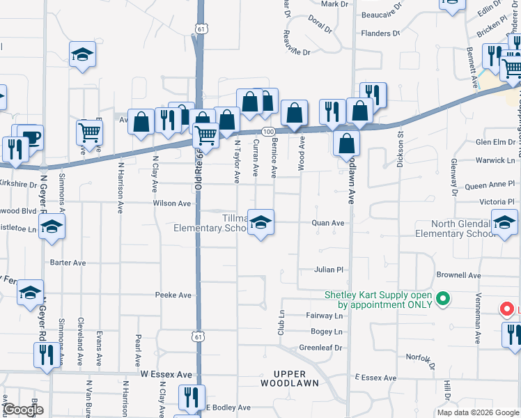 map of restaurants, bars, coffee shops, grocery stores, and more near 907 Bernice Avenue in Kirkwood