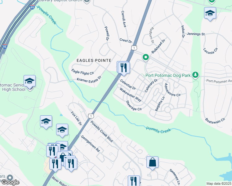map of restaurants, bars, coffee shops, grocery stores, and more near 2805 Wakewater Way in Woodbridge