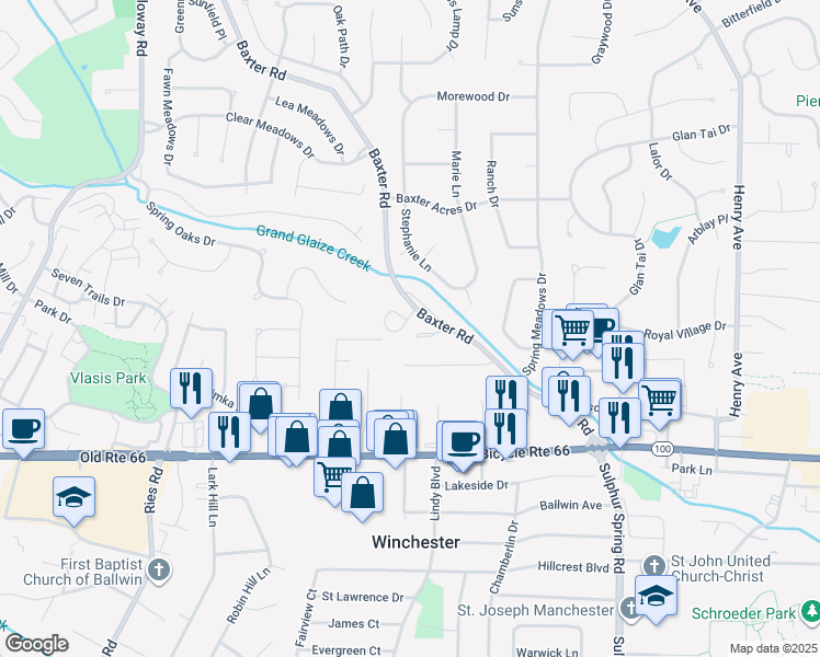 map of restaurants, bars, coffee shops, grocery stores, and more near 136 Baxter Heights Court in Ballwin