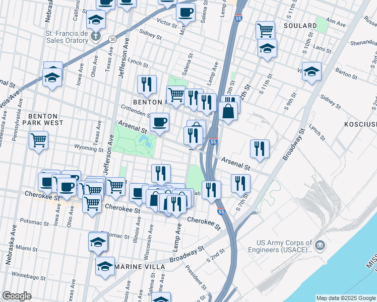 map of restaurants, bars, coffee shops, grocery stores, and more near 3114 Lemp Avenue in St. Louis
