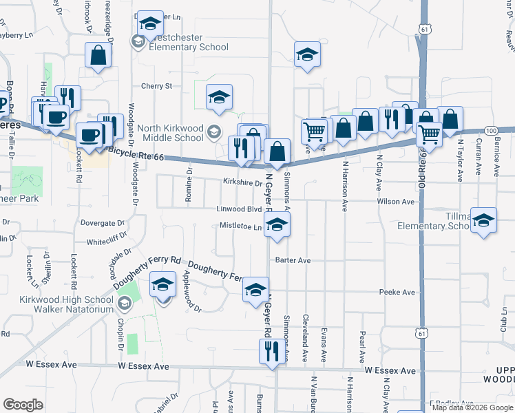 map of restaurants, bars, coffee shops, grocery stores, and more near 1002 Plaza Terrace in Kirkwood