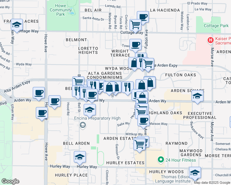 map of restaurants, bars, coffee shops, grocery stores, and more near 2401 Arden Way in Sacramento
