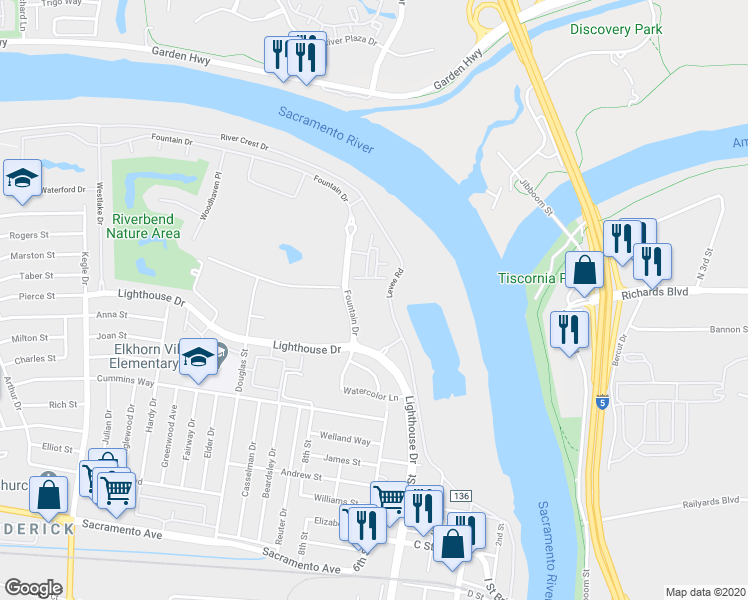 map of restaurants, bars, coffee shops, grocery stores, and more near 485 Regatta Lane in West Sacramento
