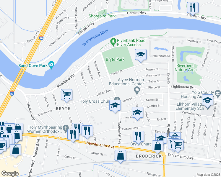 map of restaurants, bars, coffee shops, grocery stores, and more near 1301 Lisbon Avenue in West Sacramento