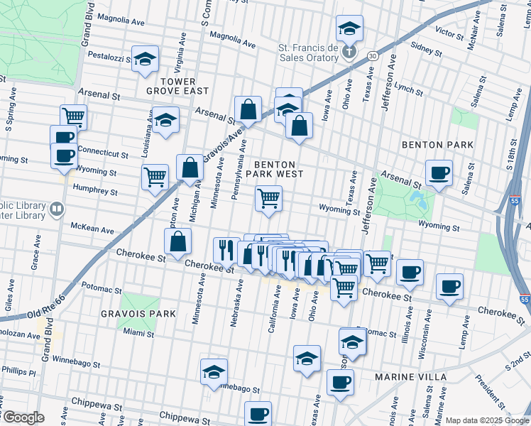 map of restaurants, bars, coffee shops, grocery stores, and more near 3237 Oregon Avenue in St. Louis
