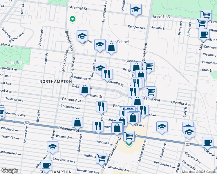 map of restaurants, bars, coffee shops, grocery stores, and more near 5008 Oleatha Avenue in St. Louis