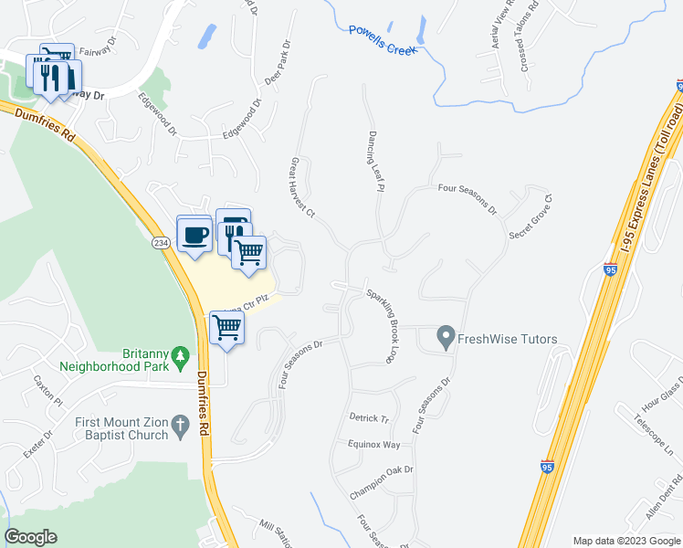 map of restaurants, bars, coffee shops, grocery stores, and more near 16837 4 Seasons Drive in Dumfries