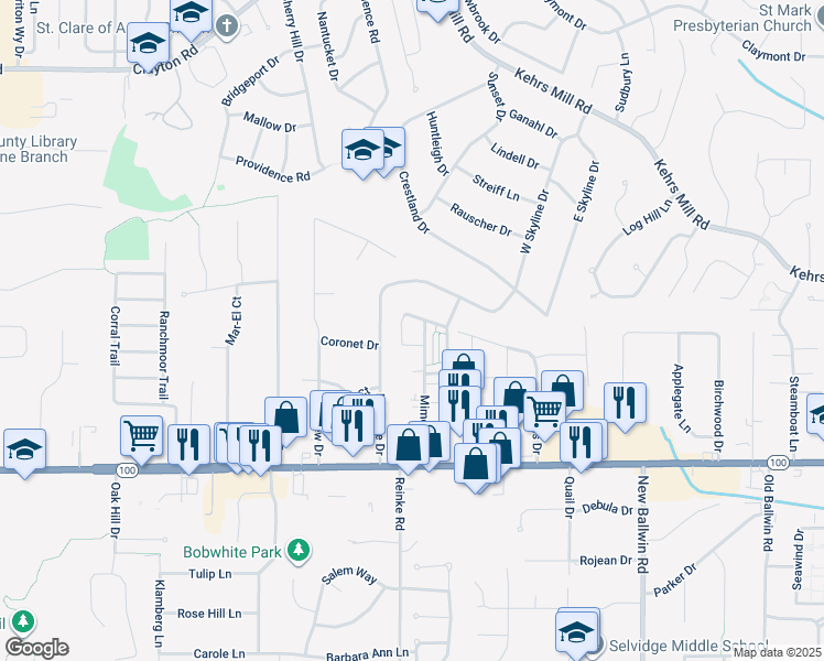 map of restaurants, bars, coffee shops, grocery stores, and more near 160 Cumberland Park Court in Ballwin