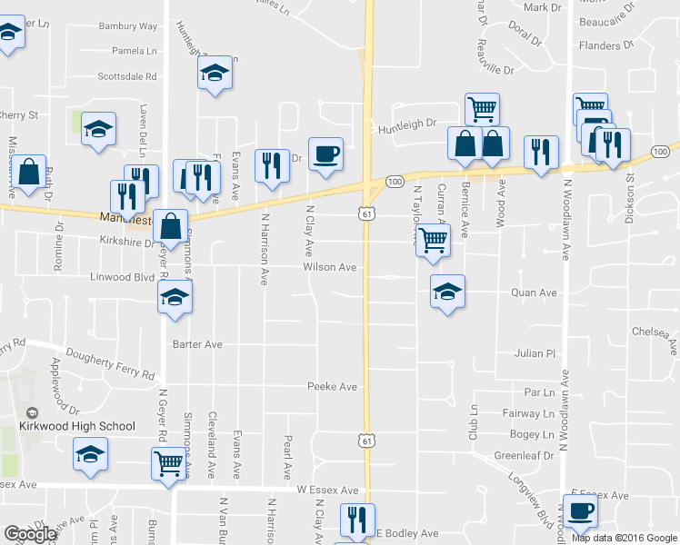 map of restaurants, bars, coffee shops, grocery stores, and more near 13 Garden Lane in Kirkwood