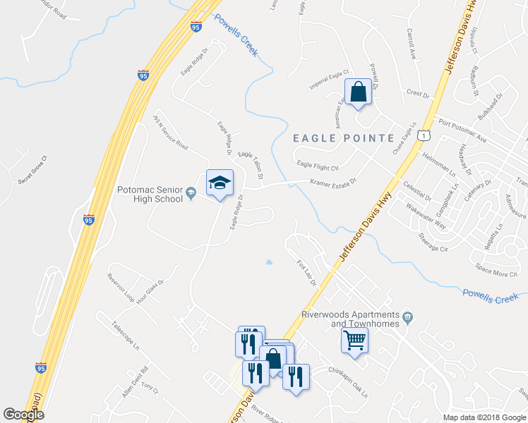 map of restaurants, bars, coffee shops, grocery stores, and more near 16428 Plumage Eagle Street in Woodbridge