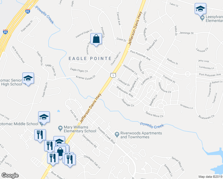 map of restaurants, bars, coffee shops, grocery stores, and more near 2805 Wakewater Way in Woodbridge