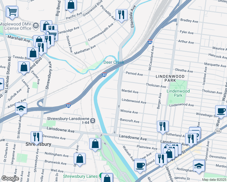 map of restaurants, bars, coffee shops, grocery stores, and more near 7126 Mardel Avenue in St. Louis