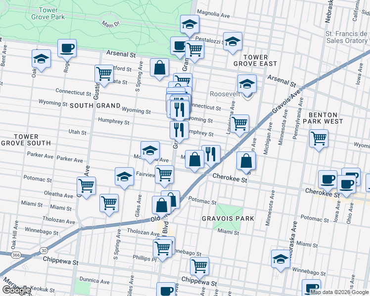 map of restaurants, bars, coffee shops, grocery stores, and more near 3322 South Grand Boulevard in St. Louis