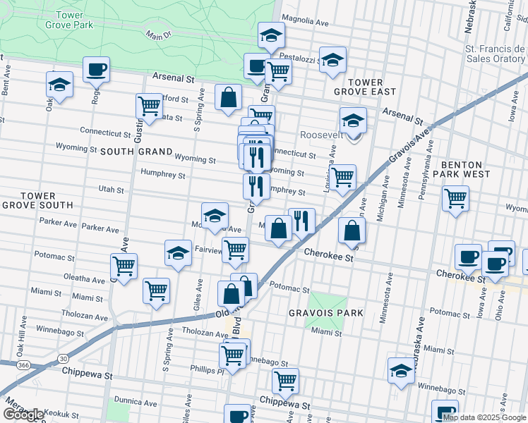 map of restaurants, bars, coffee shops, grocery stores, and more near 3530 Utah Street in St. Louis